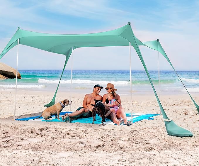 SUN NINJA Beach Tent Sun Shelter, UPF50+ Protection, Easy Pop Up Beach Shade Canopy for Camping, Fishing, Backyard Fun, Lightweight & Portable, Fits Up to 8 People, 10x10 FT 4 Pole