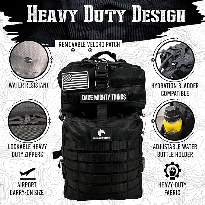 45L Elite Tactical Backpack | 3X Stronger Work & Military Backpack | Water Resistant and Heavy Duty | 3 Day MOLLE Bug Out Bag (Carbon Black)