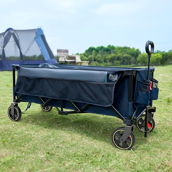 TIMBER RIDGE 51.2'' Extended Collapsible Wagon Cart with Brakes and Cargo Net, 350LBS Heavy Duty Foldable Utility Wagon with Adjustable Handle, 400L Capacity Portable Cart for Camping Sports Shopping