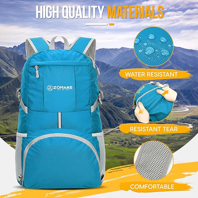 ZOMAKE Lightweight Packable Backpack 35L, Light Foldable Backpacks Water Resistant Collapsible Hiking Bag, Compact Folding Day Pack for Travel Camping(Light Blue)