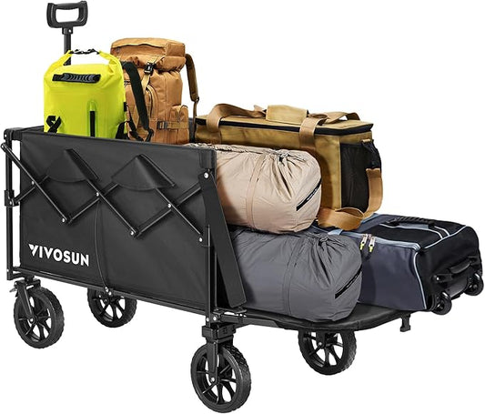 VIVOSUN Collapsible Wagon with Tailgate, 320lb Load-Bearing Outdoor Utility with All-Terrain Wheels, Adjustable Handle, Cup Holders for Camping, Shopping, Garden, Sports, Picnic, Black