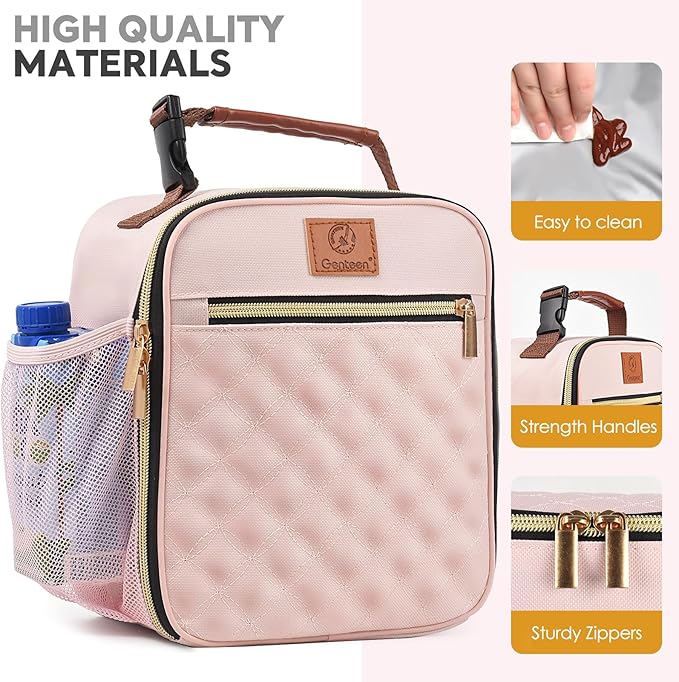 Lunch Box for Women Men Kids Girls Teen Adults,Insulated Lunch Bag with Bottle Holder,Small Lunch Box Cooler Lightweight Reusable LunchBox for Work Office School Travel Picnic-Light Pink
