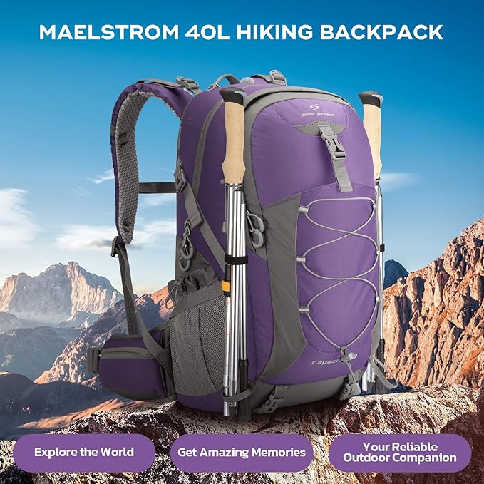 Maelstrom Hiking Backpack,Camping Backpack,40L Waterproof Hiking Daypack with Rain Cover,Lightweight Travel Backpack,Purple