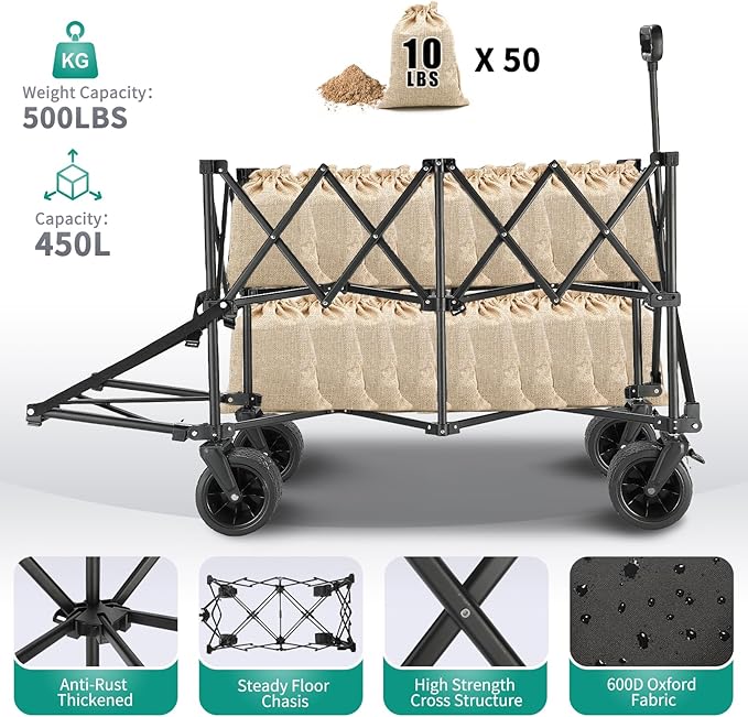 450L Double Decker Wagon with 500lbs Weight Capacity, Utility Wagon Cart Heavy Duty,with Big All-Terrain Beach Wheels & Drink Holders,for Camping, Garden, Sports, Beach, Shopping,Black