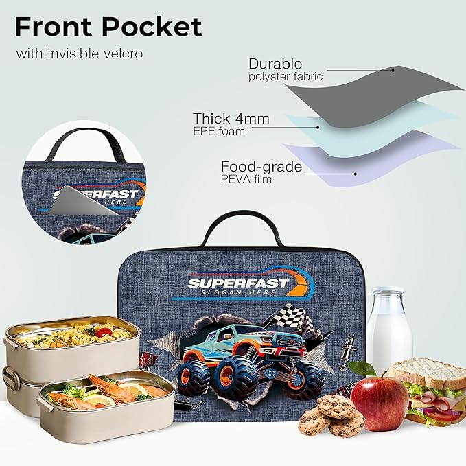 Clastyle 3D Insulated Kids Lunch Bag Large Thermal Cooler Bag for Boy Picnic School Lunch Box Tote,Monster Truck