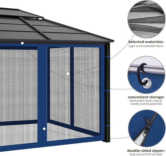 Gazebo Replacement Mosquito Netting Outdoor Universal Gazebo Canopy 4-Panels Screen Sidewalls with Zipper for Patio Garden (Navy Blue, 10x10)