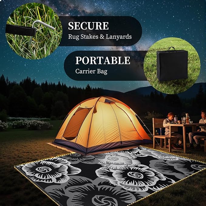 MontVoo Outdoor Rug with Led String Strip Lights 8x10ft Waterproof Outdoor Patio Rug Mat Reversible Plastic Straw Rug Outside Outdoor Rug for RV Camping Picnic Balcony Backyard Fairy Outdoor Decor