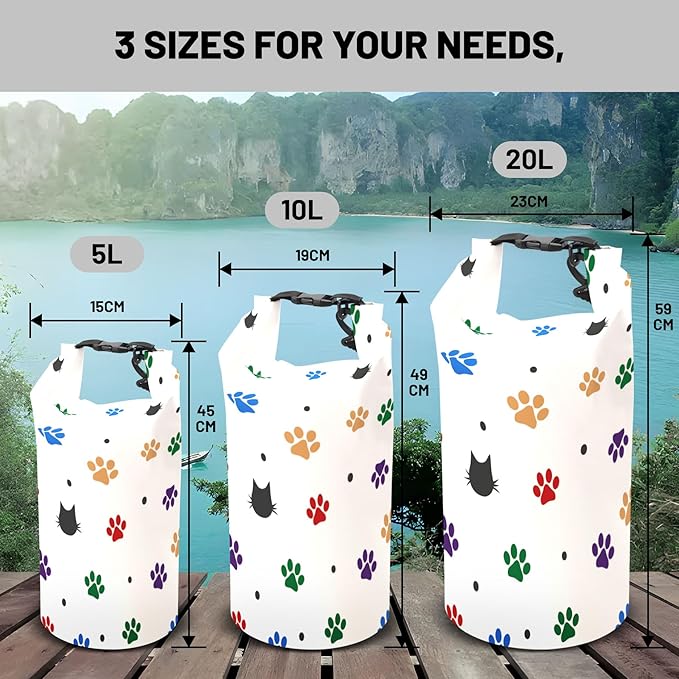Waterproof Dry Bag,Roll Top Colorful Cartoon Cat Pawprints Waterproof Backpack 5L/10L/20L Floating and Lightweight Bags for Kayaking, Boating, Fishing, Swimming and Camping