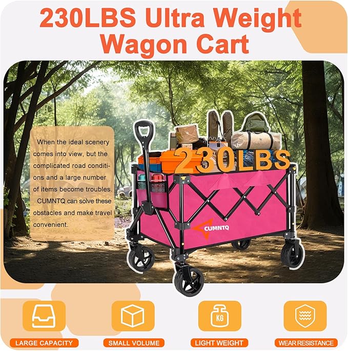 Collapsible Wagon Cart with Wheels, Heavy Duty Foldable Wagon Cart with 230lbs Weight Capacity, Utility Beach Wagons Portable for Outdoor, Grocery, Camping, Shopping, Rose Red