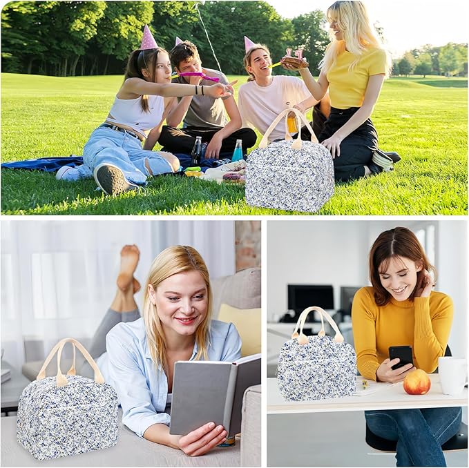 Cotton Quilted Insulated Lunch Bag, Cute Quilted Floral Lunch Tote Bags Reusable Insulated Lunch Box Coquette Aesthetic Large Capacity Insulated Cooler for Women Men Work Travel Picnic (Dark Blue)