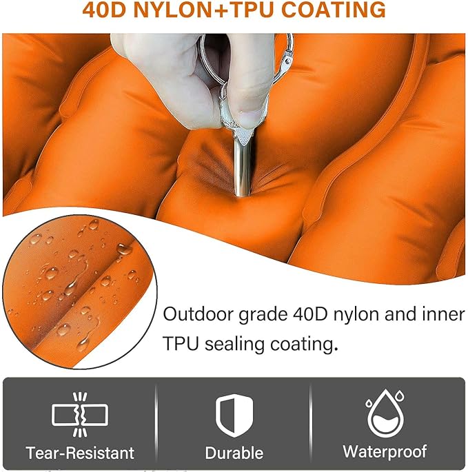 Camping Sleeping Pad, Ultralight Camping Mat with Pillow Built-in Foot Pump Inflatable Sleeping Pads Compact for Camping Backpacking Hiking Traveling - Orange