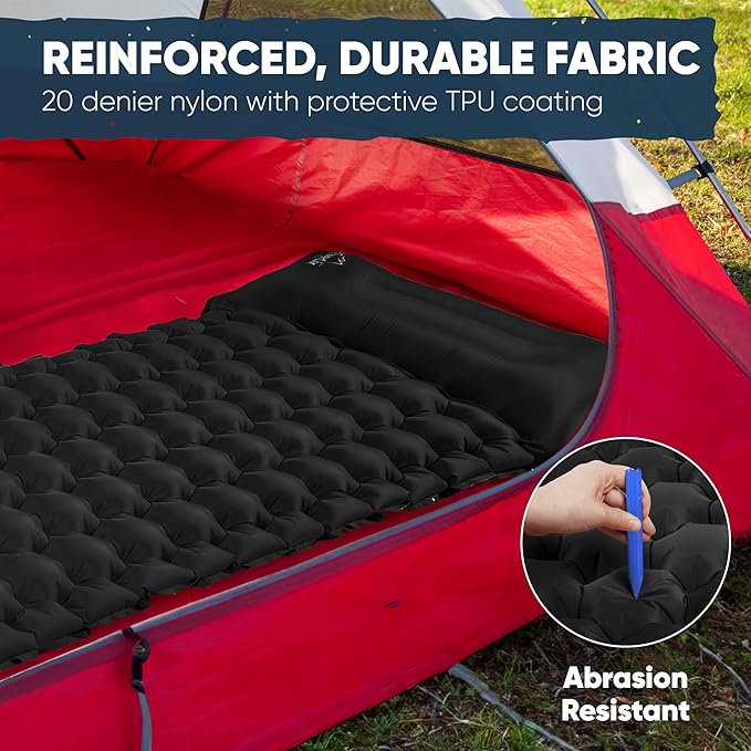 POWERLIX Sleeping Pad for Camping with Built in Pillow, Foot Pump Inflatable Camping Mat Bed, Lightweight Outdoor Camping Air Mattress Camping Pad for Backpacking Hiking Travelling Black