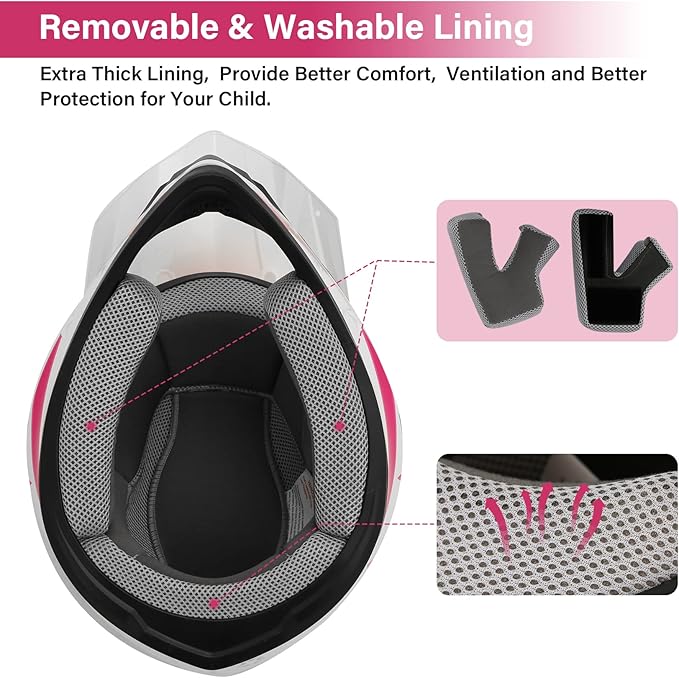 TCT-MOTORPARTS DOT Four Wheeler Girls Riding Helmet Youth Kids Motocross ATV Helmets Offroad Street Dirt Bike Go-Kart BMX MX Full Face Helmet Pink Star Large Size