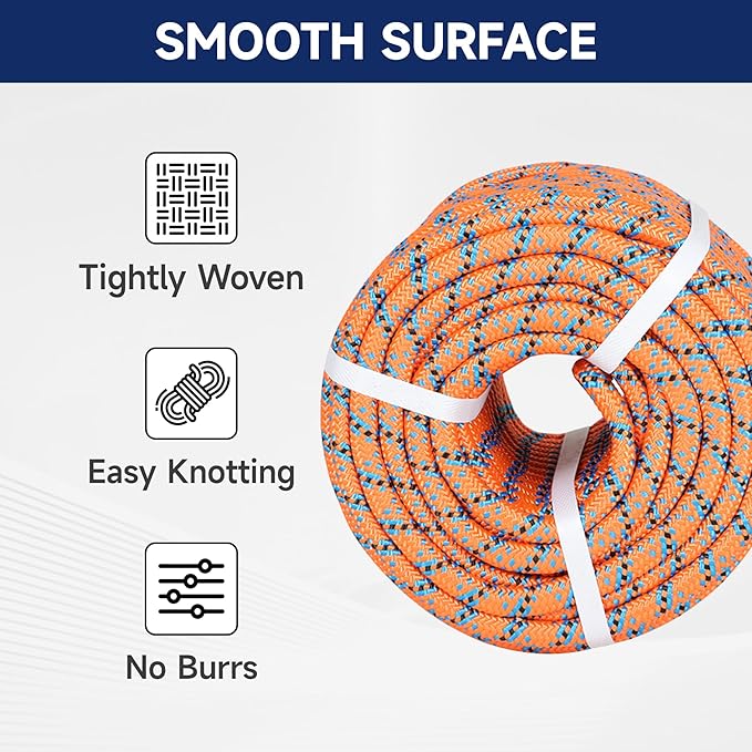 Arborist Tree Rope, 1/2inch by 150FT, 32 Strand Bull Rope up to 18KN Tensile Strength, Orange, Blue, Black