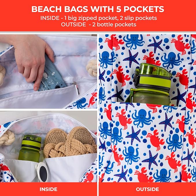 SHYLERO Beach Bag and Pool Bag. Has Airtight Pouch, Ton of Pockets. Beach Tote is Zippered, Water Resistant. Family Size