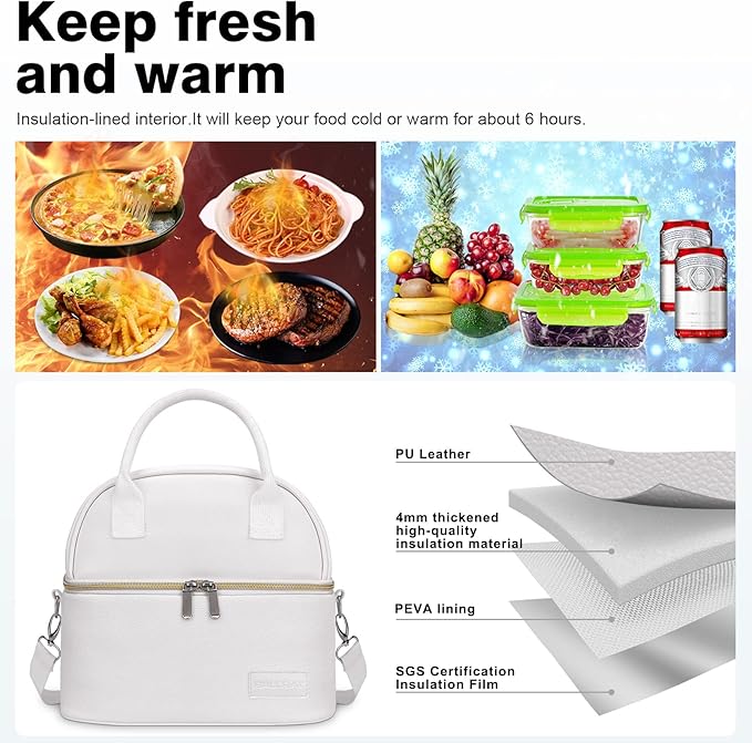 BALORAY Lunch Bag for Women Men, Double Deck Lunch Box for Adults, PU Leather Lunch Tote Bag Insulated Lunch Bags with Strap for Work Office Picnic