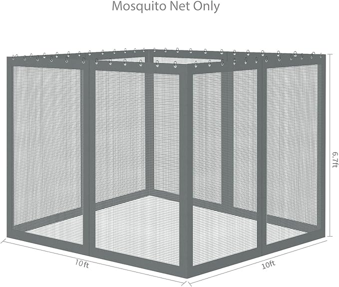 Gazebo Universal Replacement Mosquito Netting, 10' x 10' Outdoor Mesh Netting Screen 4-Panel Sidewall with Zipper for Patio, Canopy, Garden and Backyard, Gray(Mosquito Net Only)