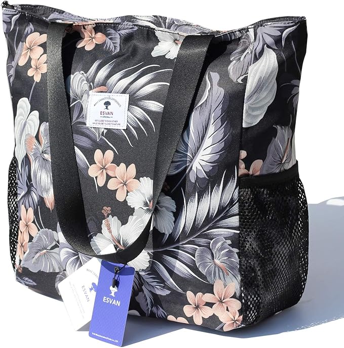 ESVAN Original Floral Water Resistant Large Tote Bag Shoulder Bag for Gym Beach Travel Daily Bags Upgraded