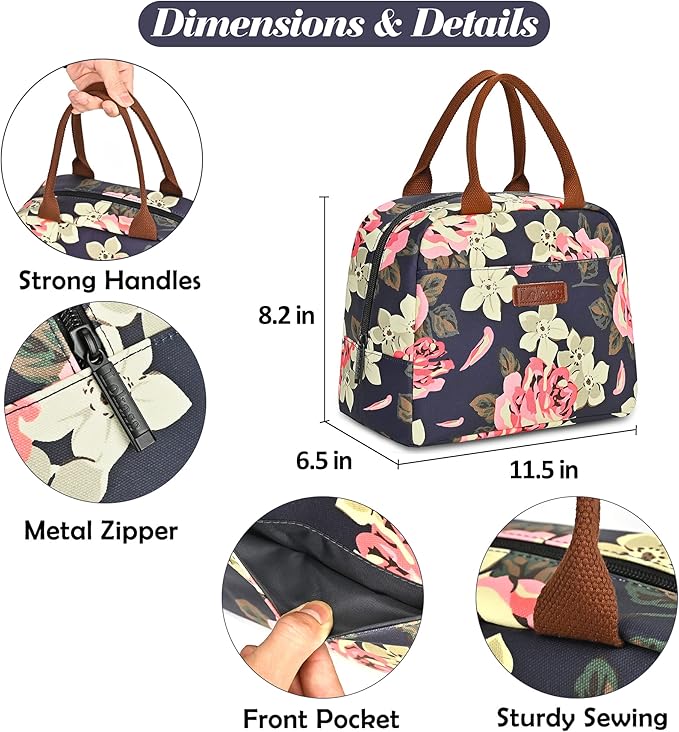 LOKASS Lunch Bag Women Insulated Lunch Box Water-resistant Lunch Tote Thermal Lunch Cooler Soft Liner Lunch Bags for Lady Adults Work/Picnic/Beach/Fishing (Peony)