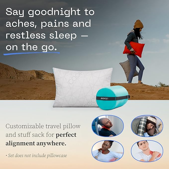 Coop Home Goods Original Adjustable Travel Pillow and Waterproof Pillow Protector Grey Bundle with Compressible Stuff Sack, Medium-Firm Memory Foam and Washable Cover, CertiPUR-US Certified (19x13)