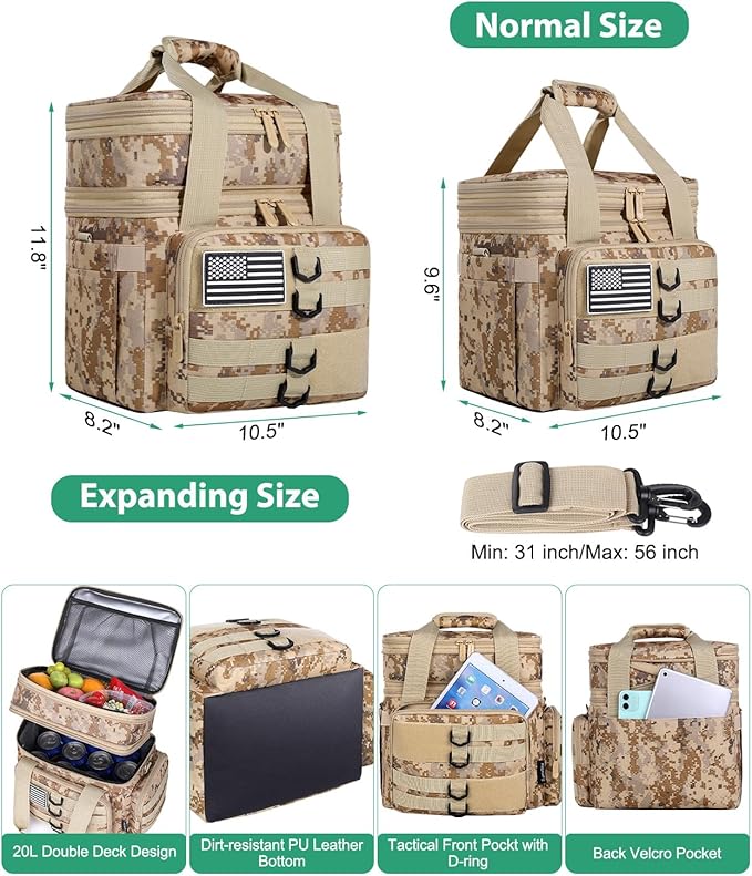 Tactical Lunch Box for Men, Large Insulated Lunch Bag Adult, Heavy Duty Double Deck Expandable Lunch Cooler Bag Leakproof Waterproof Lunch Tote for Work Office Camping Travel-Camo khaki
