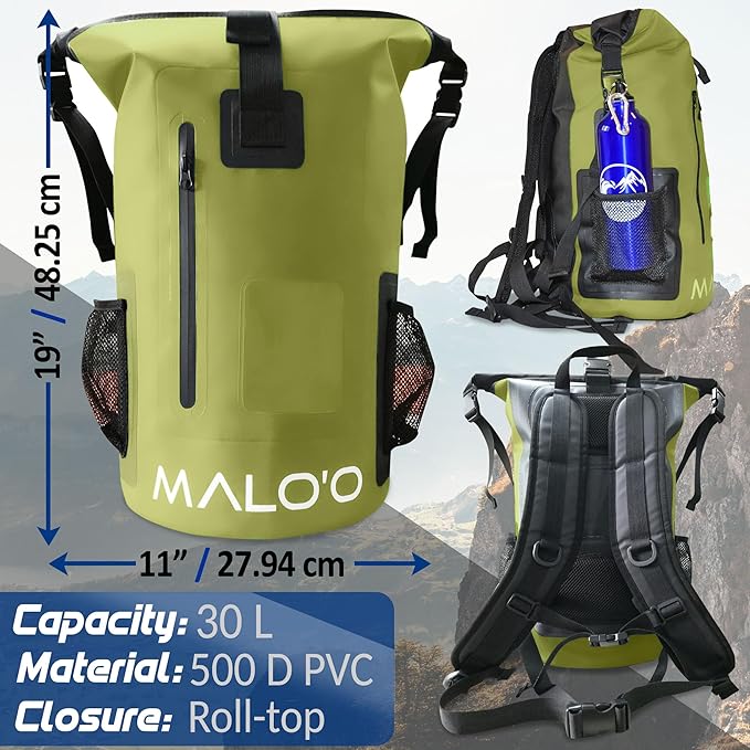 Malo'o 30L Waterproof Roll-Top Backpack - Ideal for Beach, Backpacking, Fishing, and Kayaking - Heavy-Duty Beach and Boat Accessory