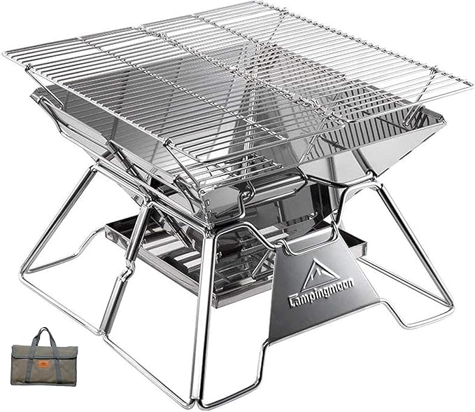 CAMPINGMOON Stainless Steel Foldable Camping Grills Portable Wood Burning Charcoal Grill 14-inch with Carrying Bag MT-2