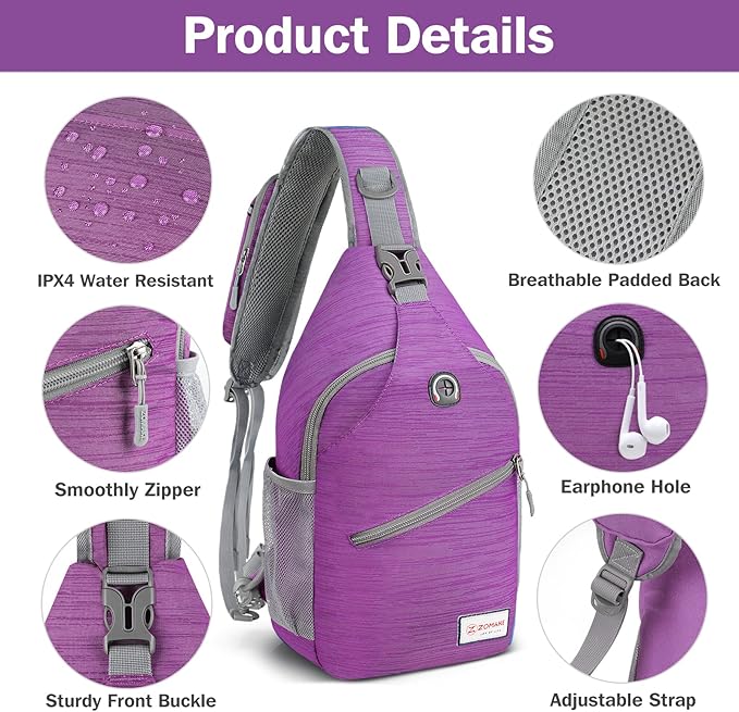 ZOMAKE Sling Bag for Women Men, Small Crossbody Sling Backpack, Mini Water Resistant Shoulder Daypack for Travel, Anti Thief Chest Bag for Hiking, Sports, Purple(Stripe)