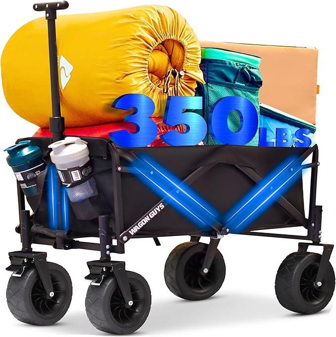350LB Foldable Wagon Cart with Extra Large Wheels, Collapsible Wagon with Wheels, One Click Removable Tires with 2 Front Brakes for Strong Incline Hold, Extra Side Storage Pocket and 2 Cup Holders