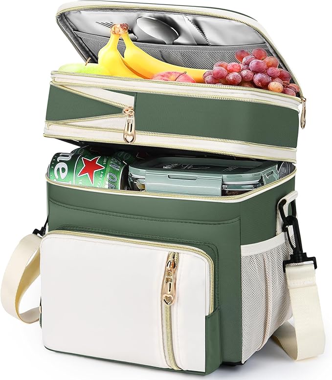 Lunch Box & Lunch Bag for Women Men, Large Insulated Adult Lunch Box Leakproof Lunchbox Cooler Bag for Work Picnic Beach,16L, Army Green & White