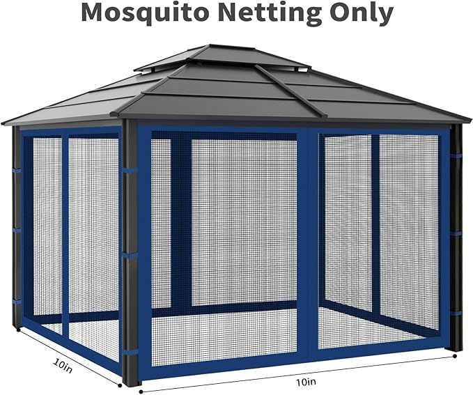 Gazebo Replacement Mosquito Netting Outdoor Universal Gazebo Canopy 4-Panels Screen Sidewalls with Zipper for Patio Garden (Navy Blue, 10x10)