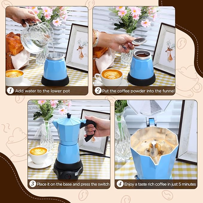 Coffee Pot 6 Cup Electric Espresso Coffee Maker Italian Moka Maker 300ml Portable Aluminum Espresso Machine Cafetera Moka Pot with Detachable Base, Gift for Home Travel(Blue)