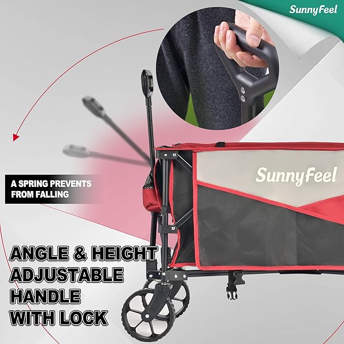 SunnyFeel Heavy Duty Collapsible Outdoor Utility Wagon Cart 300LB Capacity Adjustable Handlebar,Foldable Beach Wheels Stable Durable Oxford Fabric for Shopping Garden Camping (Black & Red)