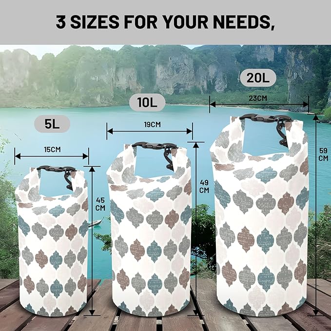 Waterproof Dry Bag,Roll Top Retro Gray Moroccan Geometric Small Waterproof Backpack 5L/10L/20L Floating and Lightweight Bags for Kayaking, Boating, Fishing, Swimming and Camping