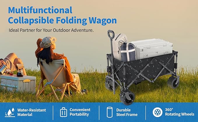 YSSOA Collapsible Folding Wagon Cart, Beach Wagon for Sand with Big Wheels, Heavy Duty Foldable Utility Wagon, Portable Garden Cart with Adjustable Handle, Foldable Grocery Wagon for Camping Sports