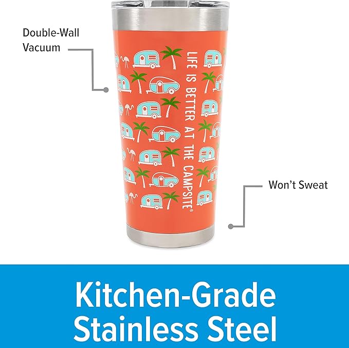 Camco Life is Better at The Campsite Tumbler | Heavy Duty Double Wall Vacuum Insulation | Crafted of 18/8 Stainless Steel | Unique Palm Tree & RV Design on Pink Background | 20-oz (53322)
