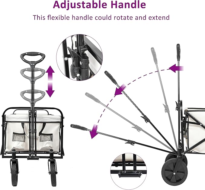 YSSOA Extended Folding Utility Wagon, 330LBS Heavy Loaded Collapsible Garden Cart with Anti-Slip Wheels, Adjustable Handle and Side Pockets, Large, White, X-Large