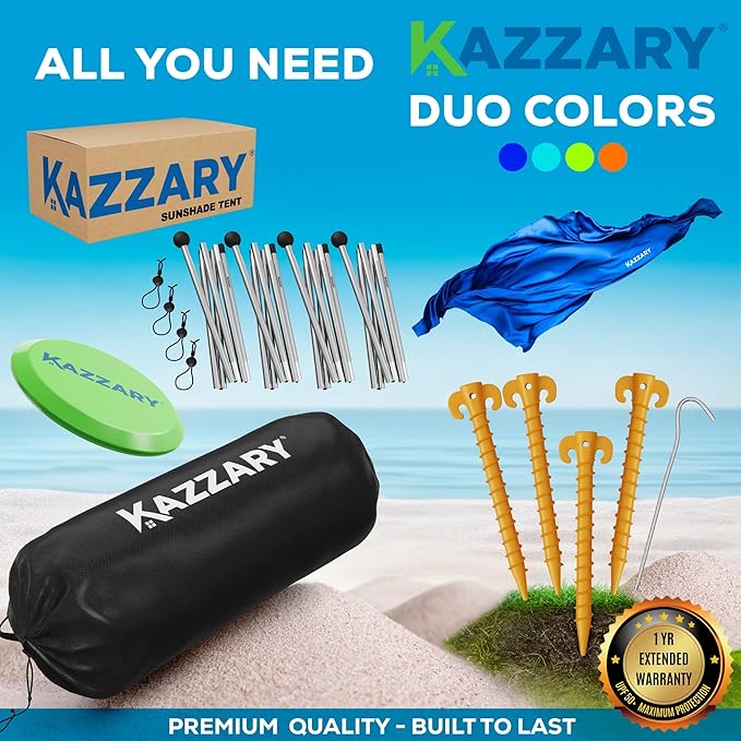 Beach Tent UPF50+ Sun Shade Canopy with Sandbags, 4 Stability Poles, Ground Pegs, Flying Disc Sand Shovel, Lightweight Sunshade Shelter, 7ft Tall for Outdoor Trips, Camping and Sports