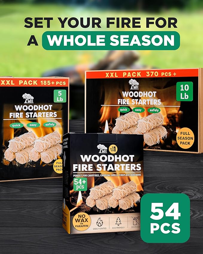 WH Natural Fire Starters for Campfires & Grill - 54+ Pack - Long-Burning Charcoal Starters - Odorless Firestarters for Outdoor Fire Pit, Fireplace - Quick Ignite