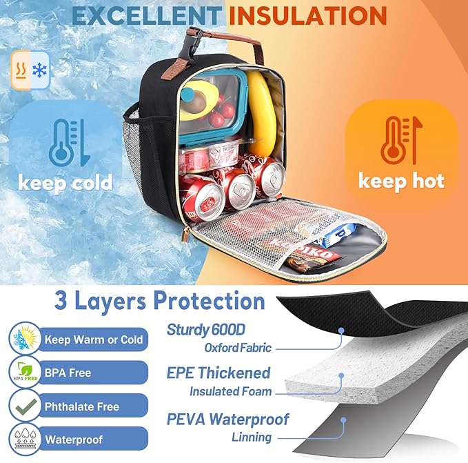 Lunch Box Reusable Lunch Bag for Men Women Kids Adults,Insulated Lunch Bag Waterproof Lunch Boxes Cooler,Small LunchBox With Side Pockets for Work Office School Travel Picnic-Black