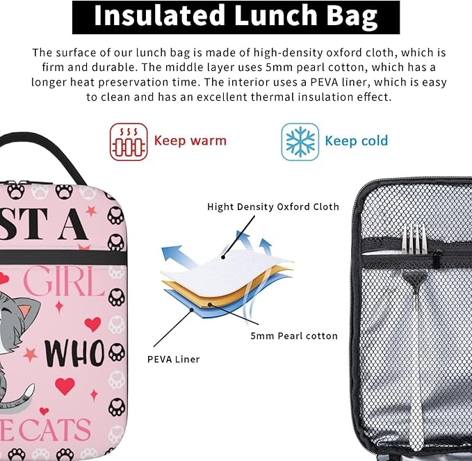 Cute Cat Pink Lunch Bag Large Capacity Heat Insulated Lunch Box, Just A Girl Who Loves Cats Leakproof Durable Portable Reusable Handbags Thermal Cooler Tote Bag for School