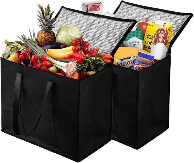 NZ home Insulated Cooler Bag and Food Warmer (XL Plus, 2 Pack) for Delivery & Grocery Shopping with Zippered Top, Black