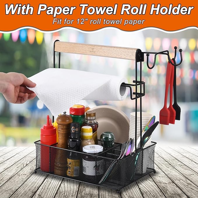Grill Caddy, Picnic BBQ Organizer for Camping Outdoor Mesh Basket with 3 Hanging Hooks and Paper Towel Holder, Ideal Table Storage Tools for RV Camper/Tailgating/Flatware