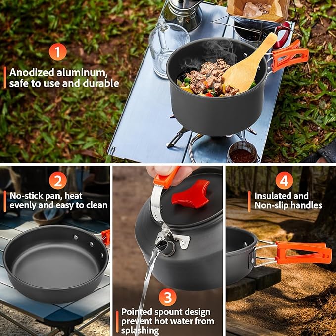 Camping Cookware Set, Non-Stick Lightweight Camping Pot and Pan Set with Stainless Steel Kettle Plates Spoon for Backpacking, Hiking, Outdoor Cooking and Picnic