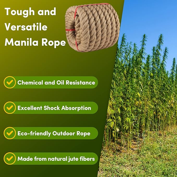 Manila Rope 1.5in x 50ft,Natural Thick Rope,Large Decorative Hemp Ropes Great for Gardening,Railings,Hammock Nautical