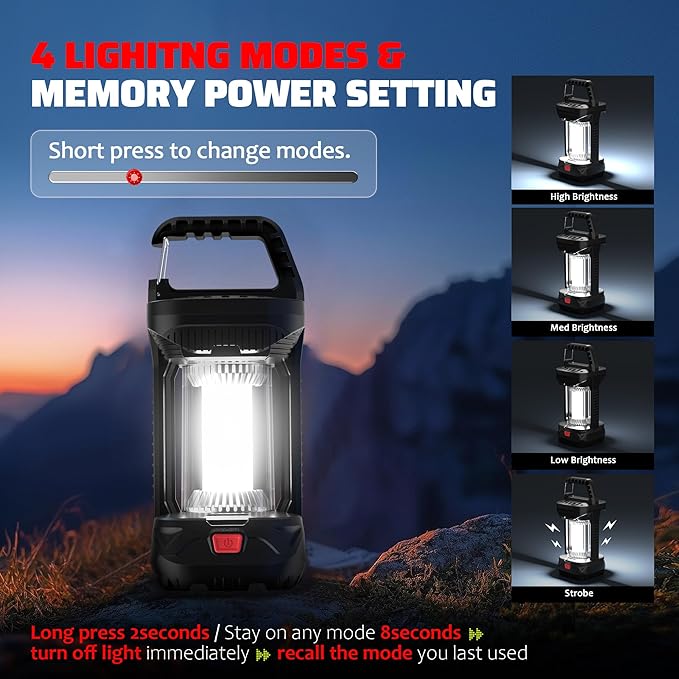 Camping lantern for power outage, 2000LM Rechargeable Led Lantern 4000mAh Battery Emergency Light, Waterproof Tent Light with 4 Lighting Modes, Portable Lantern Flashlight for Home or Hiking