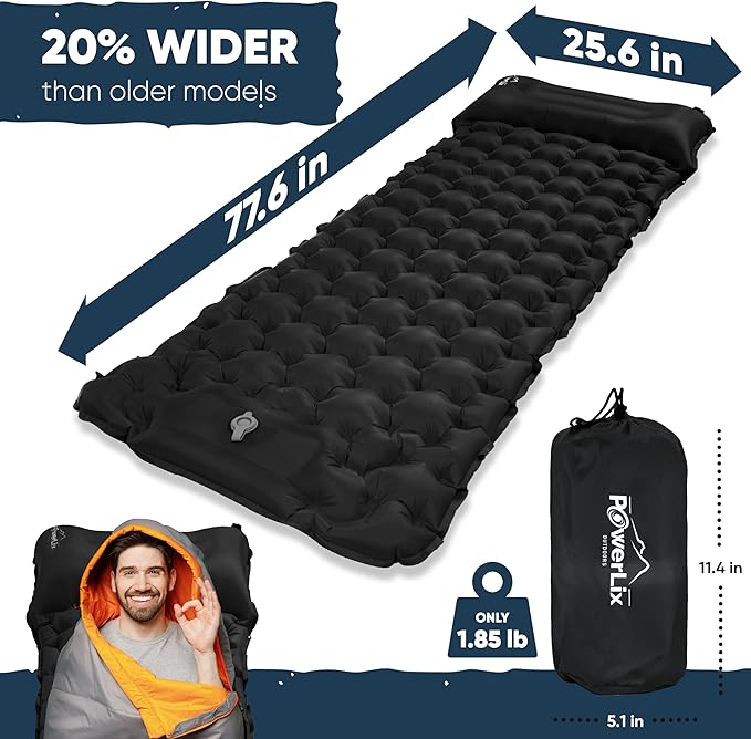 POWERLIX Sleeping Pad for Camping with Built in Pillow, Foot Pump Inflatable Camping Mat Bed, Lightweight Outdoor Camping Air Mattress Camping Pad for Backpacking Hiking Travelling Black