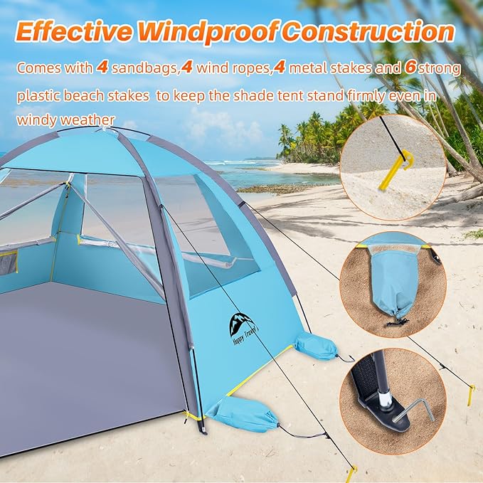 Happy Travel Beach Tent, UPF 50+ UV Protection Sun Shade Shelter for 3/4/5/6/7/8 Person, Portable Beach Canopy for Family & Baby, Lightweight & Easy Setup Beach Cabana with 3 Ventilation Mesh Windows