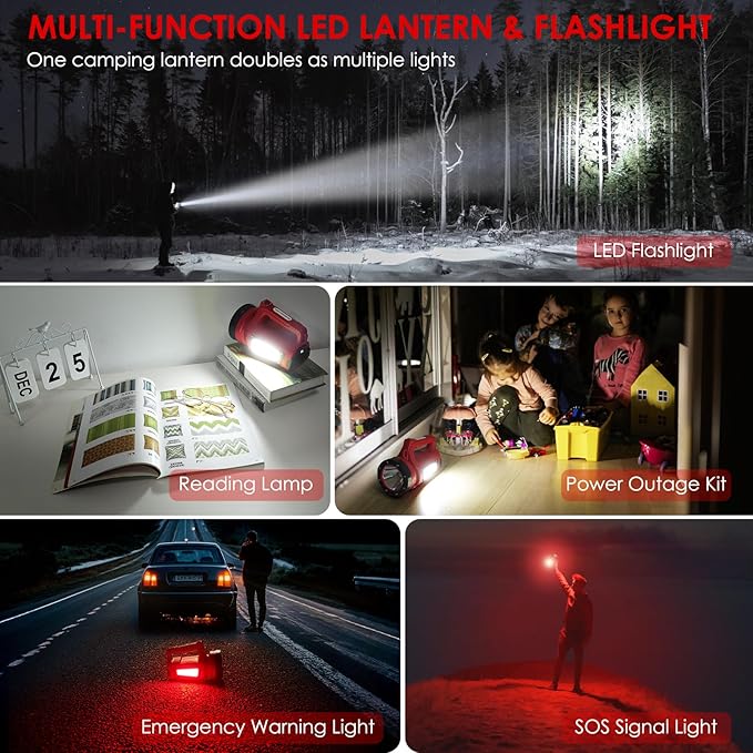 Rechargeable LED Flashlight, Camping Lantern Flashlight with 1000LM, 7 Modes, Power Bank, IPX4 Waterproof Camping Essentials Light for Hurricane Emergency Hiking Survival Kits - Red