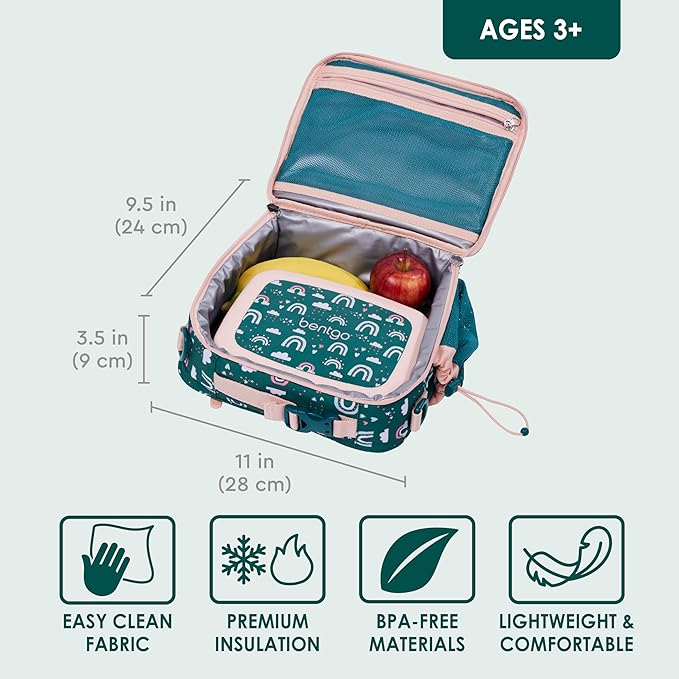 Bentgo Kids Lunch Bag - Durable, Double-Insulated Lunch Bag for Kids 3+; Holds Lunch Box, Water Bottle, & Snacks; Easy-Clean Water-Resistant Fabric & Multiple Zippered Pockets (Green Rainbow)